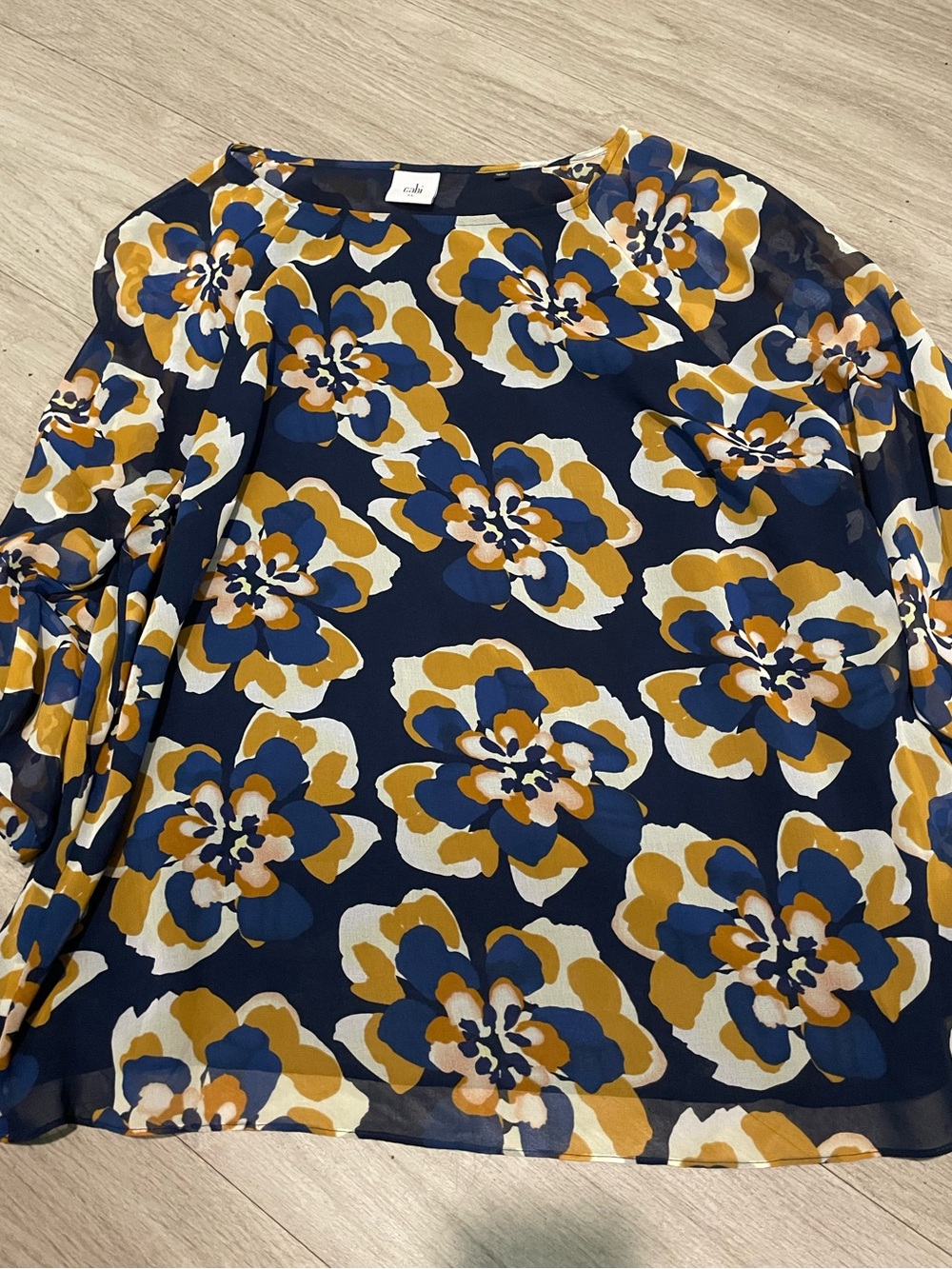 CAbi Navy Floral Puff-Sleeve Blouse with Mustard and White Accents